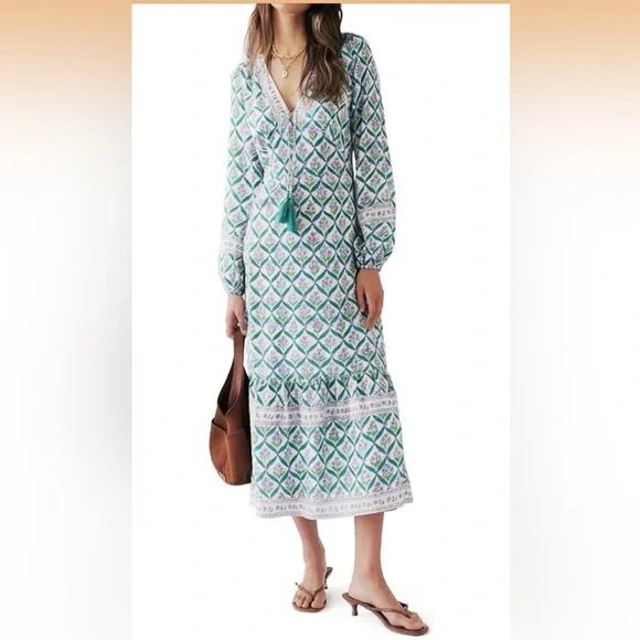 Sunny Spirit Maxi Boho Floral Print V Neck Flowy Tassel with Long Puff Sleeves. - Picture 11 of 16